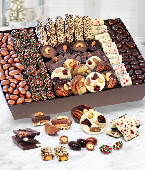 Holiday Extravaganza Belgian Chocolate Covered Nuts, Caramels &  Snacks Gift Basket Tray - Chocolate Covered Company®