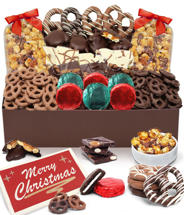 MERRY CHRISTMAS - Sensational Belgian Chocolate Snack Box Gift Basket Tray - Chocolate Covered Company®